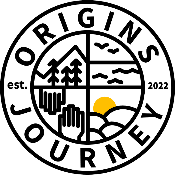 Origins Journey — badge cu munte, mare, mâini și soare